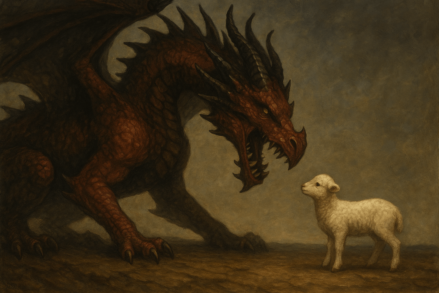 Painting of a dragon facing down a lamb
